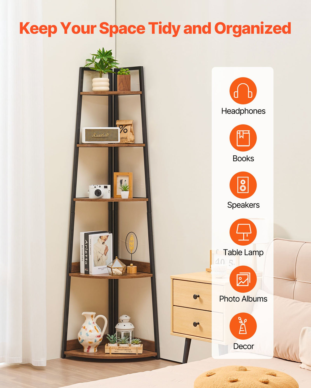 VEVOR 5 Tier Corner Shelf Tall Corner Bookshelf Plant Rack Wall Shelves Tower