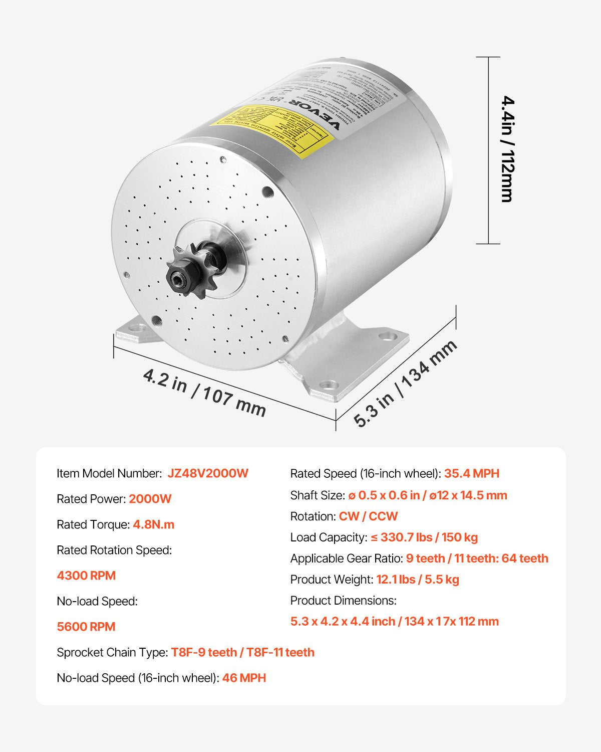 VEVOR 48V 2000W Electric Brushless DC Motor Kit with Upgraded Speed Controller