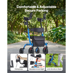 Rollator Walker with Seat for Seniors, Foldable Rolling Walker, Lightweight Aluminum Mobility Walking Aid with PU Solid Wheels, Adjustable Handle, Storage Bag, Cup/Cane Holder - Supports 136kg