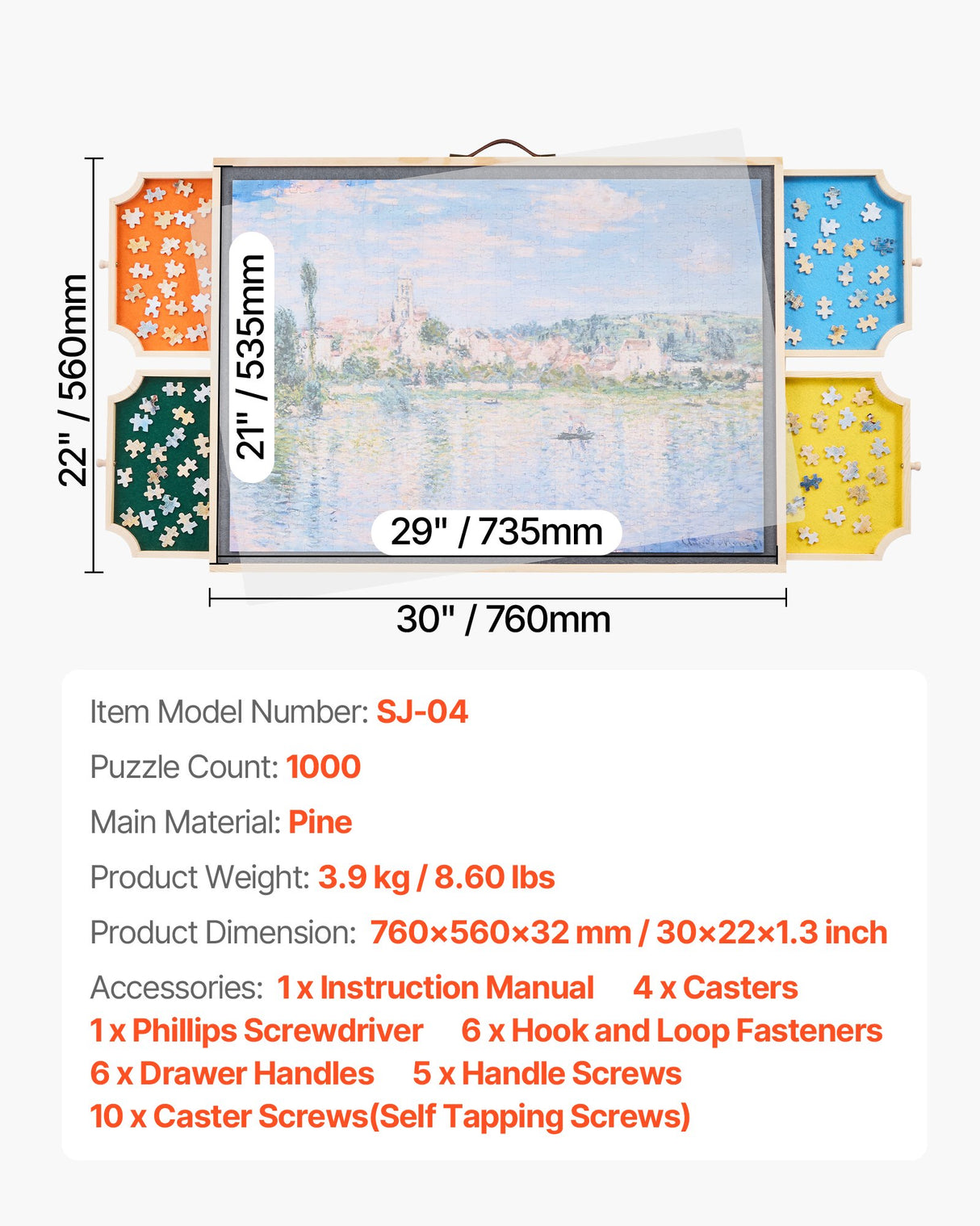 VEVOR 1000 Piece Puzzle Board with Drawer Cover Portable Wooden Jigsaw 73x53cm