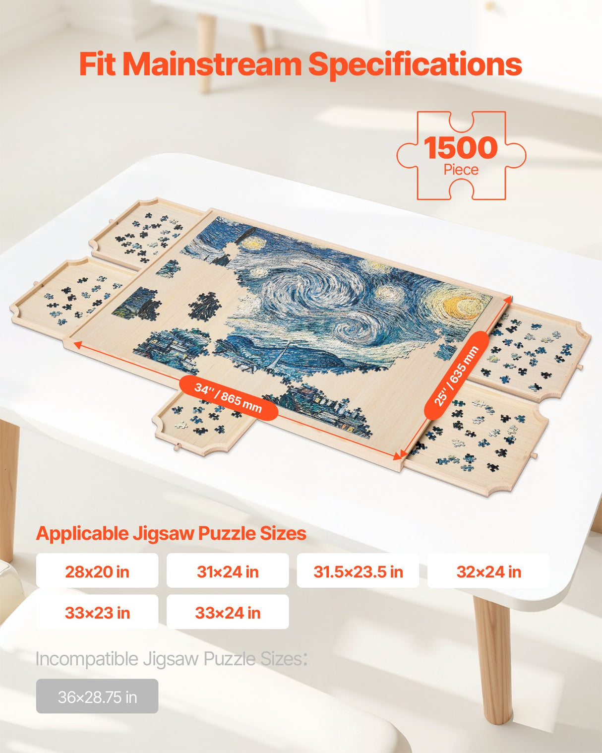 VEVOR 1500 Piece Puzzle Board with Drawer Cover Portable Wooden Jigsaw 86x63cm