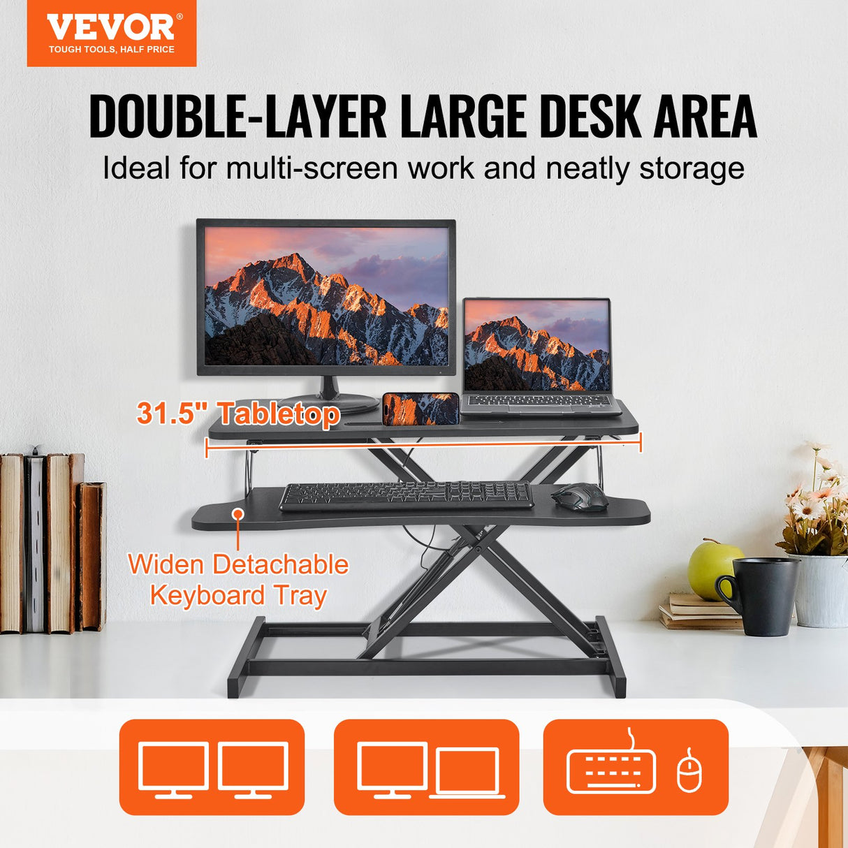 VEVOR Standing Desk Converter, Two-Tier Stand up Desk Riser, 800 mm Large Sit to Stand Desk Converter,140-510 mm Adjustable Height, for Monitor,