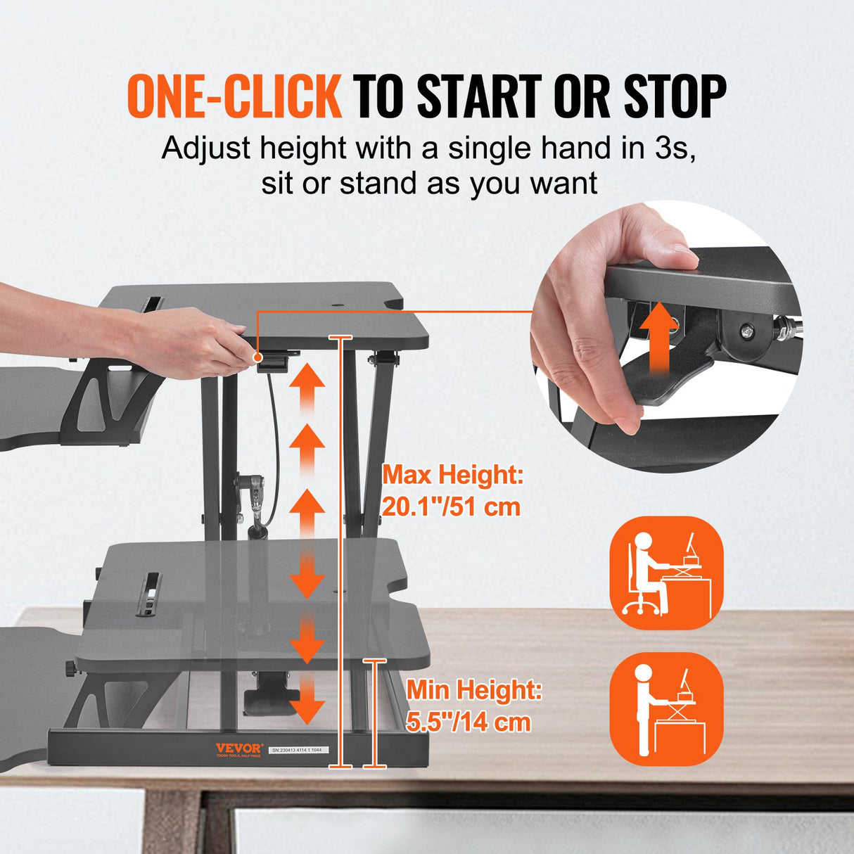 VEVOR Standing Desk Converter, Two-Tier Stand up Desk Riser, 800 mm Large Sit to Stand Desk Converter,140-510 mm Adjustable Height, for Monitor,