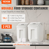 VEVOR Ingredient Storage Bin, 2 x 15L Dispenser Bin with 2 Measuring Cups, Attachable Casters and Airtight Lid, 2 Pcs/Set Dog Pet Food Storage Container, PP Material Kitchen Rice Cereal Flour Bin - Front View