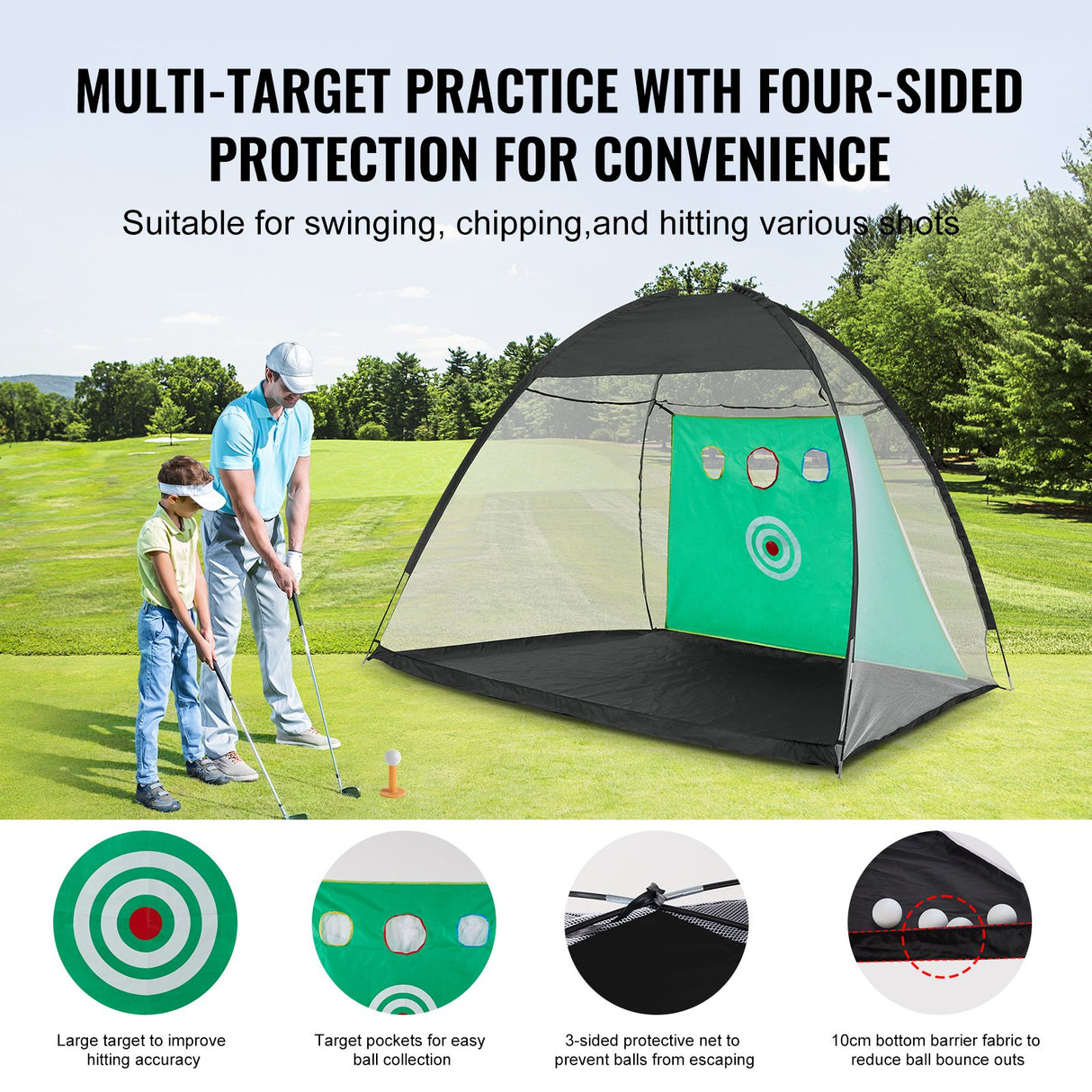 VEVOR Golf Net, 10x7ft All in 1 Practice Net, Indoor Outdoor Home Golf Swing Training, Golf Hitting Aid Net with Target/Turf Mats/Balls/Tee/Golf Club/Bag, for Backyard Driving Chipping, Gift for Men