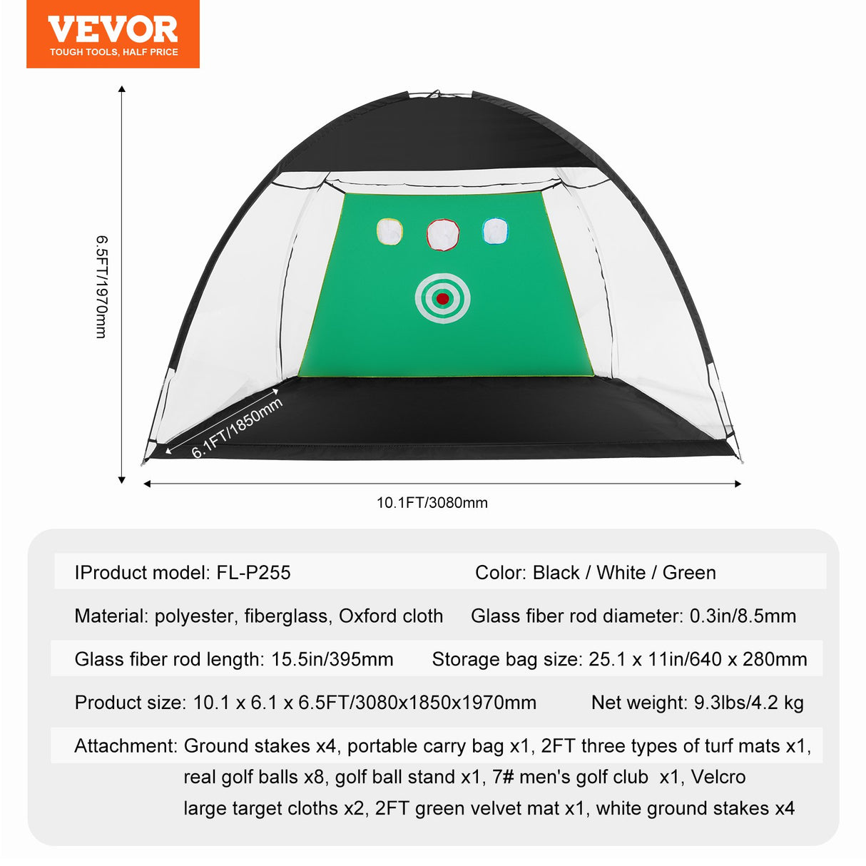 VEVOR Golf Net, 10x7ft All in 1 Practice Net, Indoor Outdoor Home Golf Swing Training, Golf Hitting Aid Net with Target/Turf Mats/Balls/Tee/Golf Club/Bag, for Backyard Driving Chipping, Gift for Men