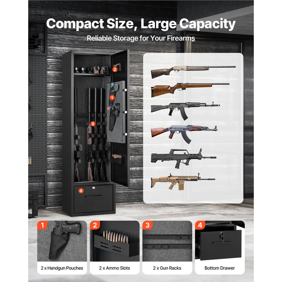 4 Gun Safe, Long Gun Cabinet for Rifles and Pistols, Quick Access Rifle Safe with 2 Ammo Slots, 2 Pistol Pockets & 2 Adjustable Racks, Large Digital Cabinet with Key and Password Lock