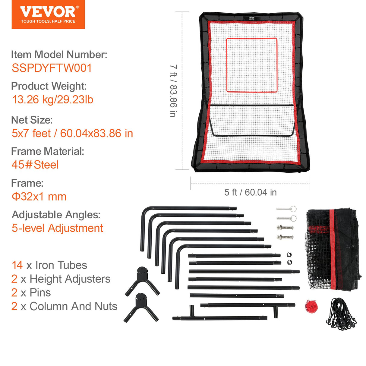 VEVOR Lacrosse Rebounder for Backyard, 5x7 Ft Volleyball Bounce Back Net, Pitchback Throwback Baseball Softball Return Training Screen, Adjustable