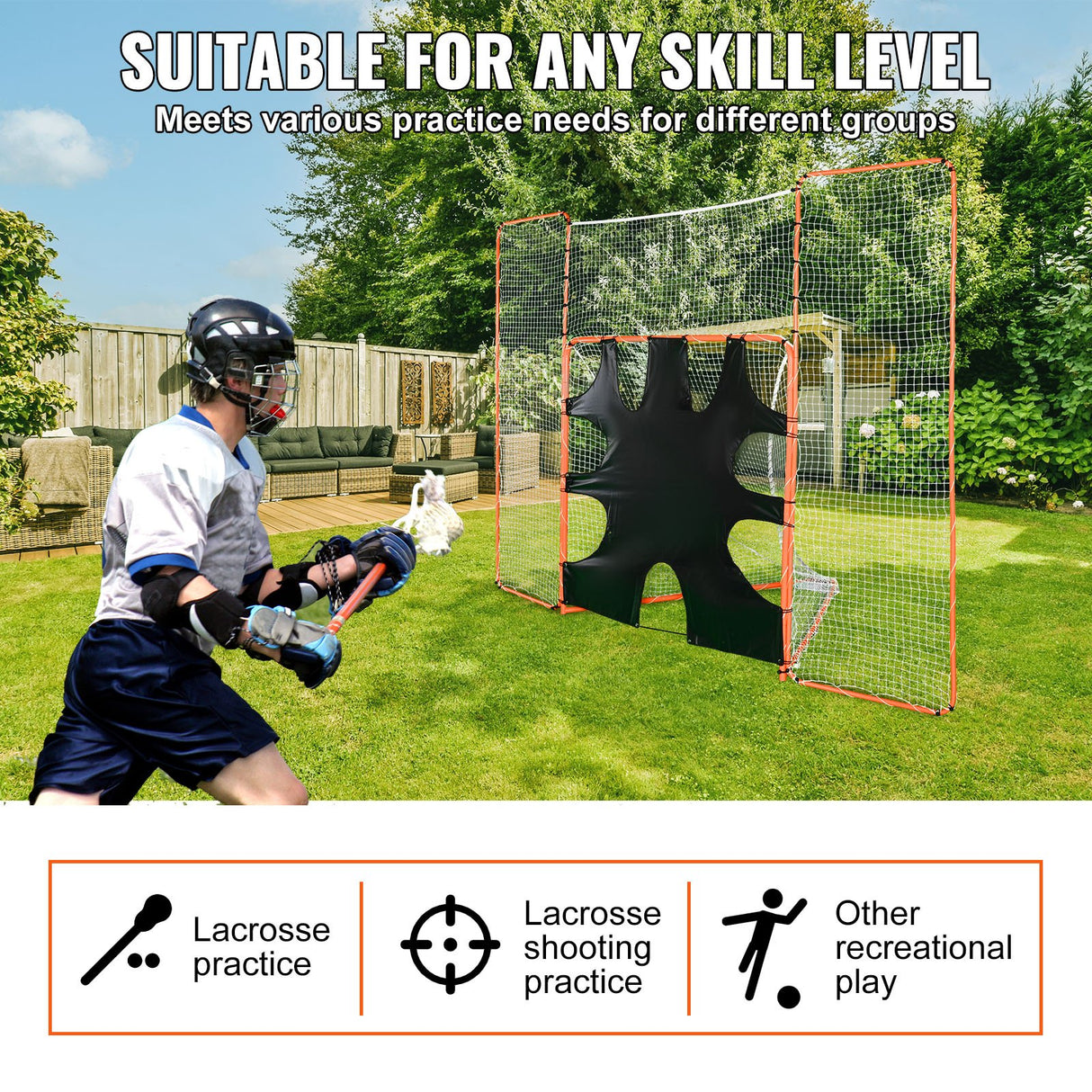 VEVOR 3-IN-1 Lacrosse Goal with Backstop and Target,3.7mx2.7m Lacrosse Net, Steel Frame Backyard Lacrosse Rebounder Equipment, Quick & Easy Setup Training Net, Perfect for Youth Adult Training, Orange