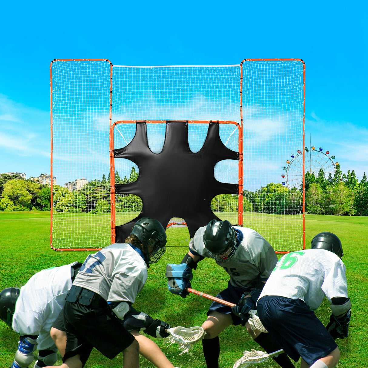 VEVOR 3-IN-1 Lacrosse Goal with Backstop and Target,3.7mx2.7m Lacrosse Net, Steel Frame Backyard Lacrosse Rebounder Equipment, Quick & Easy Setup