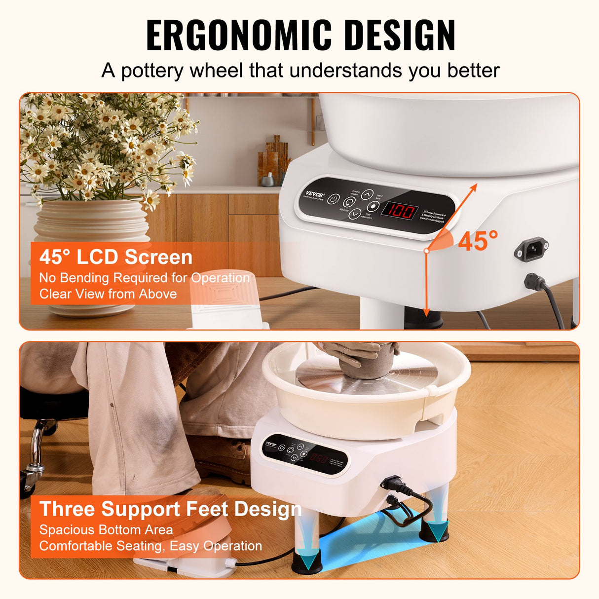 VEVOR Pottery Wheel, 11 inch Pottery Forming Machine, 450W Electric Wheel for Pottery with Foot Pedal and LCD Touch Screen, Direct Drive Ceramic Wheel with 3 Support Legs for DIY Art Craft, White