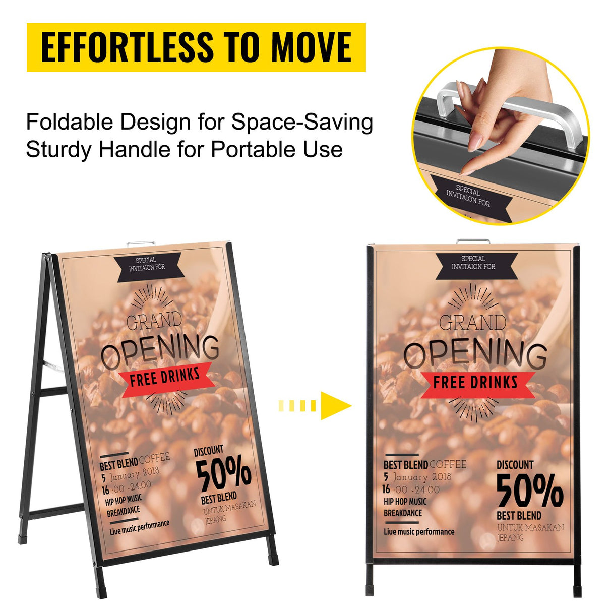 VEVOR A-Frame Sidewalk Sign 24"x36" Sidewalk Signs for Businesses Black Coated Steel Metal A-Frame Sign Slide-in Folding Sandwich Board Sidewalk Sign Double-Sided with 2 Corrugated Plastic Poster Boar