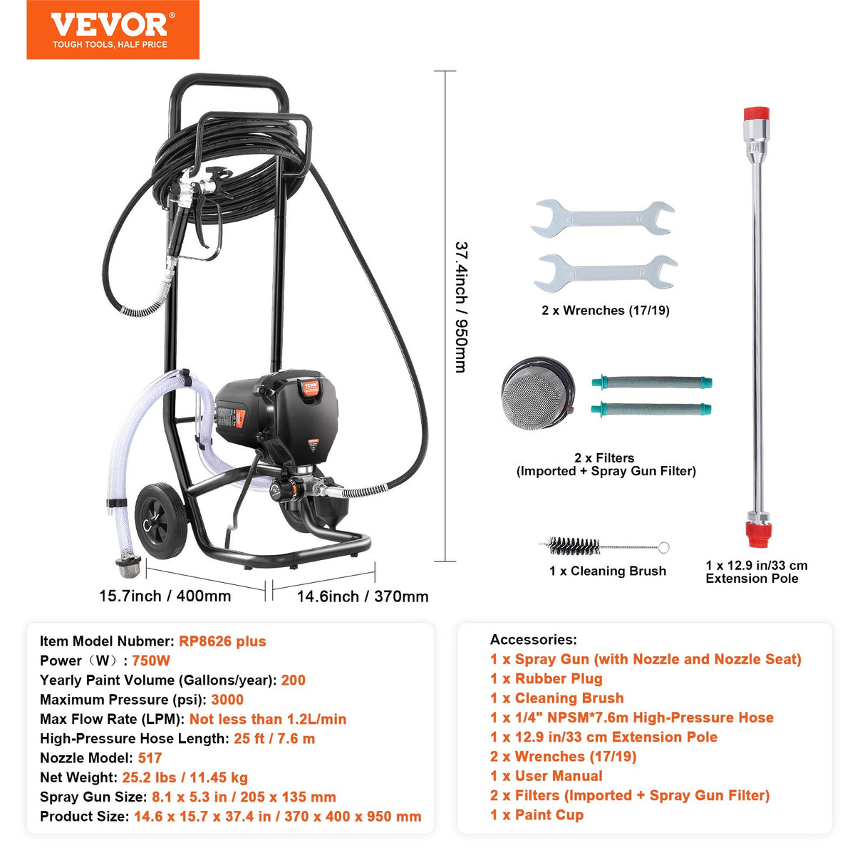 VEVOR Stand Airless Paint Sprayer, 750W 3000PSI High Efficiency Electric Airless Sprayer With Cart,