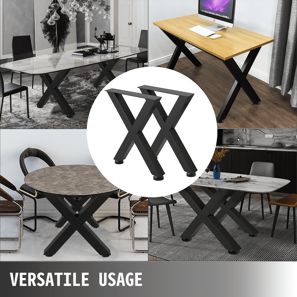 VEVOR Set of 2 Steel Table Legs, 16'Height 15'Wide Dining Table Legs, Heavy Duty 3.1" Square Box Section X Frame Table Legs, 16x15x3.1 Inch Black