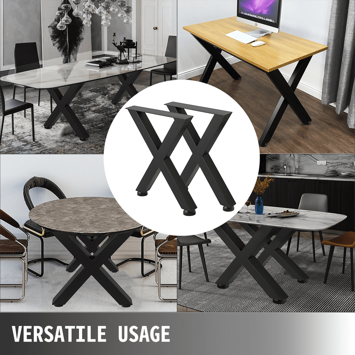VEVOR Set of 2 Steel Table Legs, 16'Height 15'Wide Dining Table Legs, Heavy Duty 3.1" Square Box Section X Frame Table Legs, 16x15x3.1 Inch Black Color Industrial Country Style Metal Dining Legs