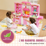 VEVOR Kitchen Playset Kids Pretend Cooking Play Toy 74 Piece Accessories Pink - Top-Down View
