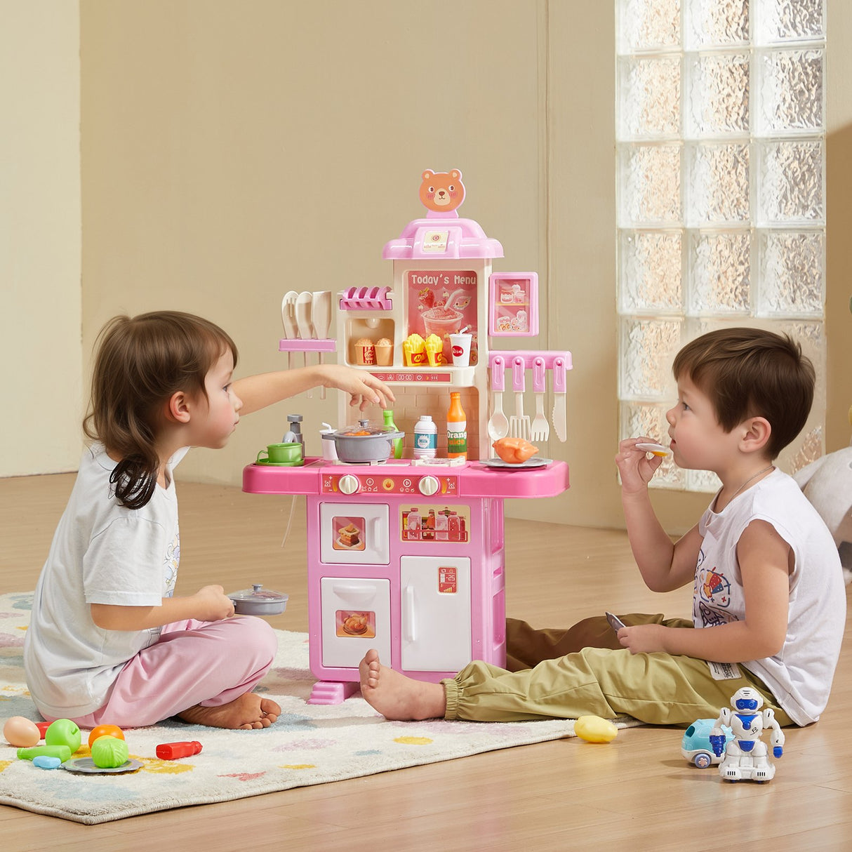 VEVOR Kitchen Playset Kids Pretend Cooking Play Toy 48 Piece Accessories Pink
