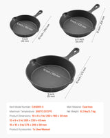 Cast Iron Skillet, 3 Pcs Frying Pan Set (160, 220, 265 mm), Heavy-Duty Skillets with Heat-Resistant Handle, Pre-Seasoned Chef's Pan, Kitchen Cookware, for Oven, Gas, Electrical, Induction, Black