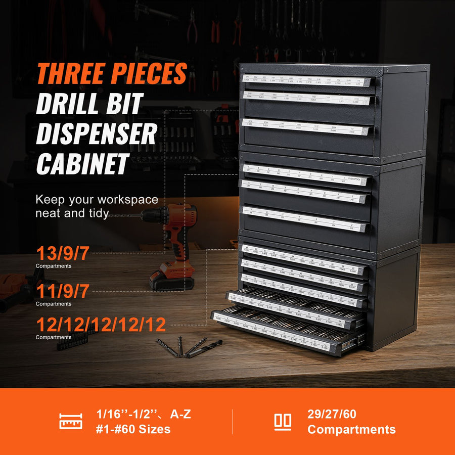 Drill Bit Dispenser Cabinet, 3 Pieces Three-Drawer for 1/16" to 1/2" & Letter Sizes A to Z, Five-Drawer Drill Bit Organizer for Wire Gauge Sizes #1 to #60, Stackable for Drill Bit Storage