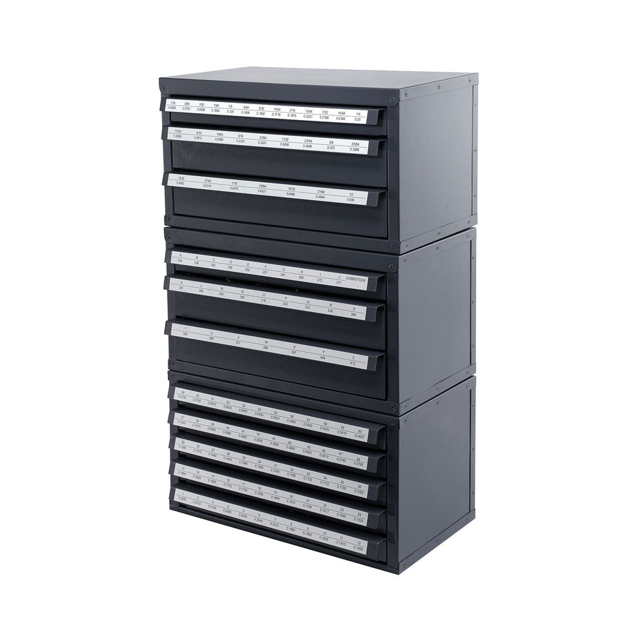 Drill Bit Dispenser Cabinet, 3 Pieces Three-Drawer for 1/16" to 1/2" & Letter Sizes A to Z, Five-Drawer Drill Bit Organizer for Wire Gauge Sizes #1 to #60, Stackable for Drill Bit Storage