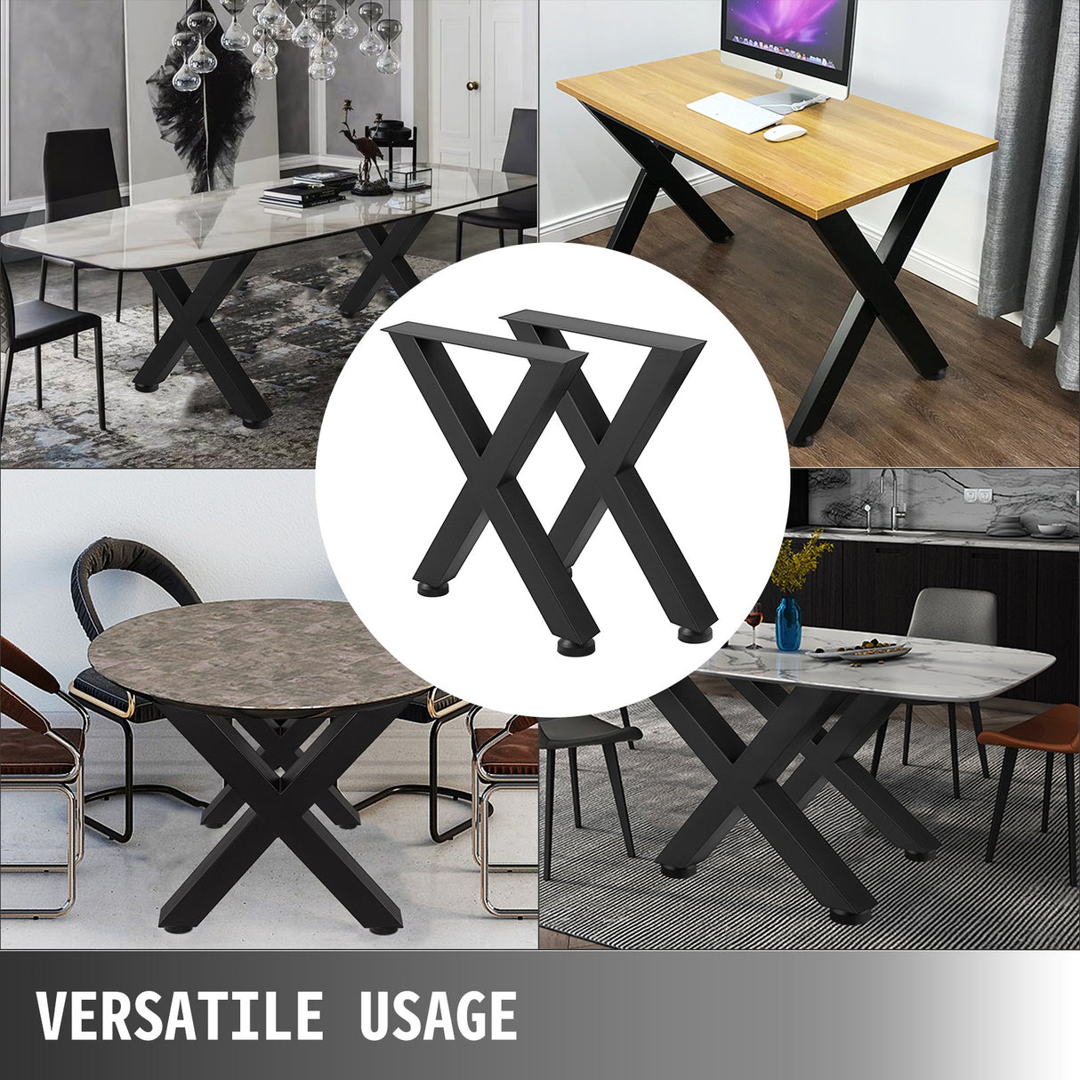 VEVOR Set of 2 Steel Table Legs, 28''Height 24''Wide Dining Table Legs, Heavy Duty 3.1" Square Box Section X Frame Table Legs, 28x24x3.1 Inch Black