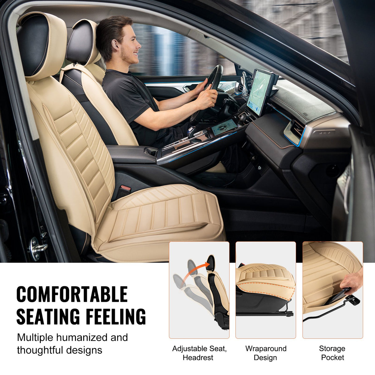 VEVOR Seat Covers, Universal Car Seat Covers Front Seats, 2pcs Faux Leather Seat Cover, Semi-enclosed Design, Detachable Headrest and Airbag