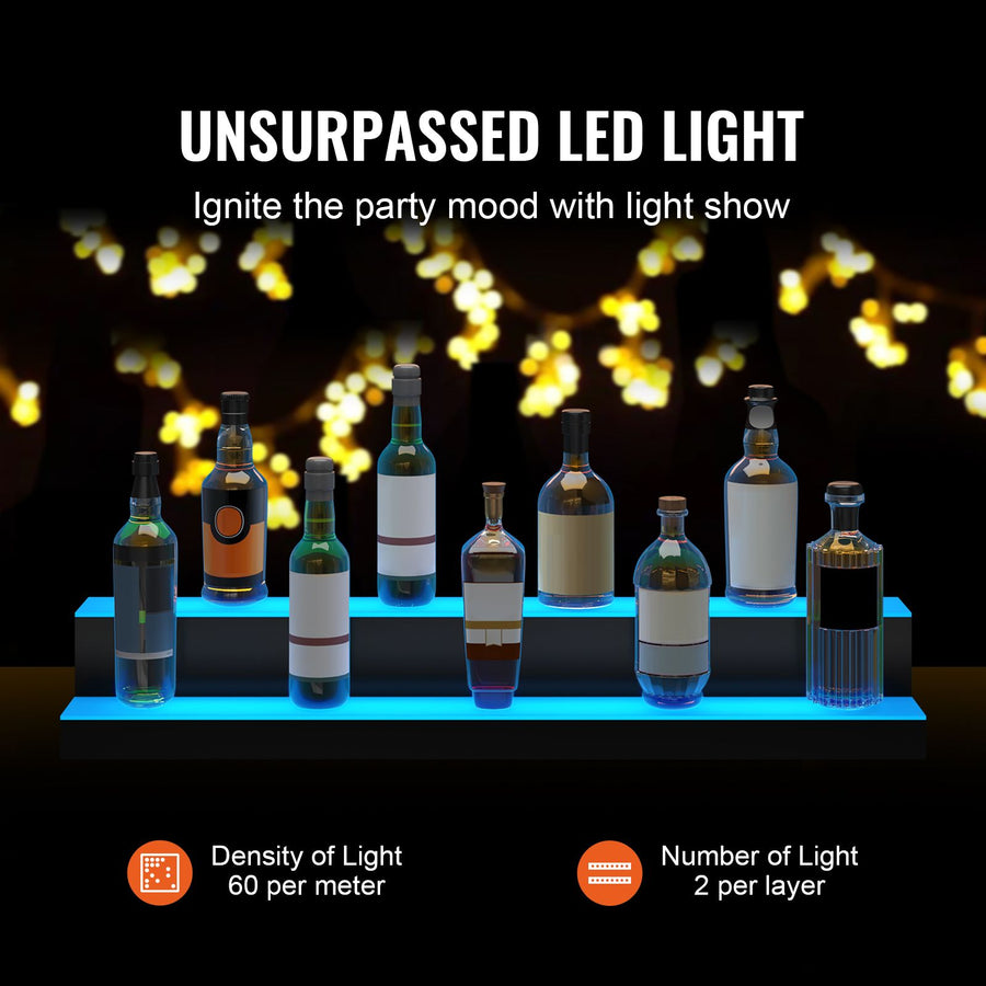 LED Lighted Liquor Bottle Display, 2 Tiers 40 Inch Commercial Illuminated Home Bar Shelf, 2 Steps Whiskey Rack Stand, Acrylic Drink Shelves with RF Remote & App Control, and Multicolor lighting