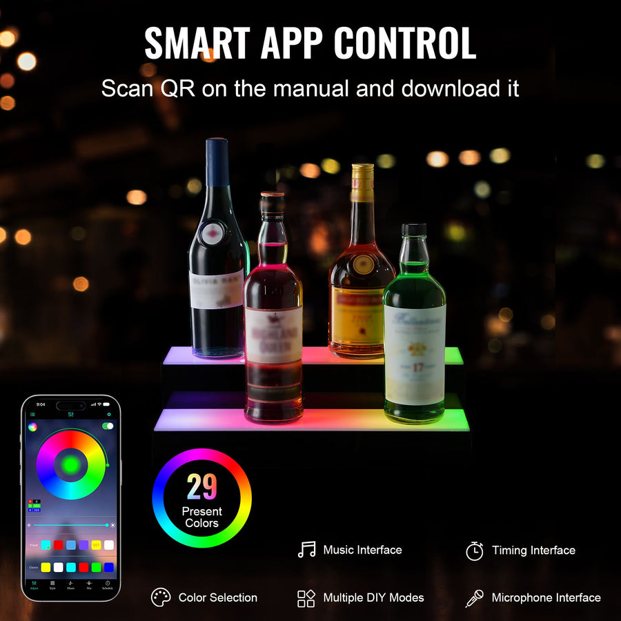 LED Lighted Liquor Bottle Display, 2 Tiers 16 Inch Commercial Illuminated Home Bar Shelf, 2 Steps Whiskey Rack Stand, Acrylic Drink Shelves with RF Remote & App Control, and Multicolor lighting