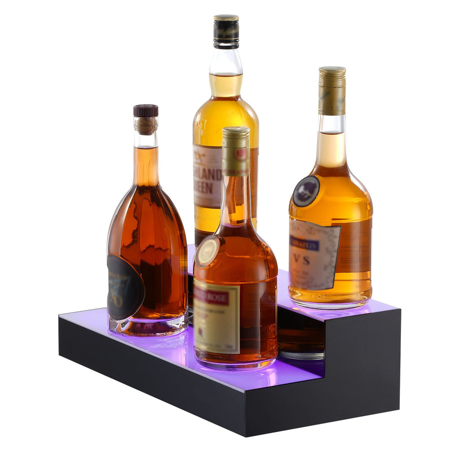 LED Lighted Liquor Bottle Display, 2 Tiers 16 Inch Commercial Illuminated Home Bar Shelf, 2 Steps Whiskey Rack Stand, Acrylic Drink Shelves with RF Remote & App Control, and Multicolor lighting