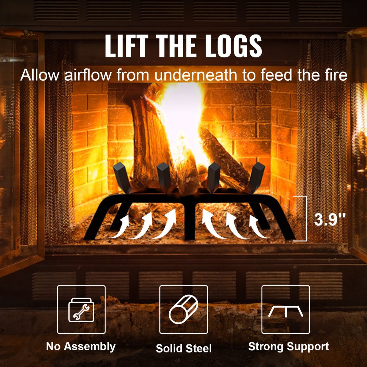 VEVOR Fireplace Log Grate, 18 inch Heavy Duty Fireplace Grate with 6 Support Legs, Solid Powder-coated Steel Bars, Log Firewood Burning Rack Holder for Indoor and Outdoor Fireplace