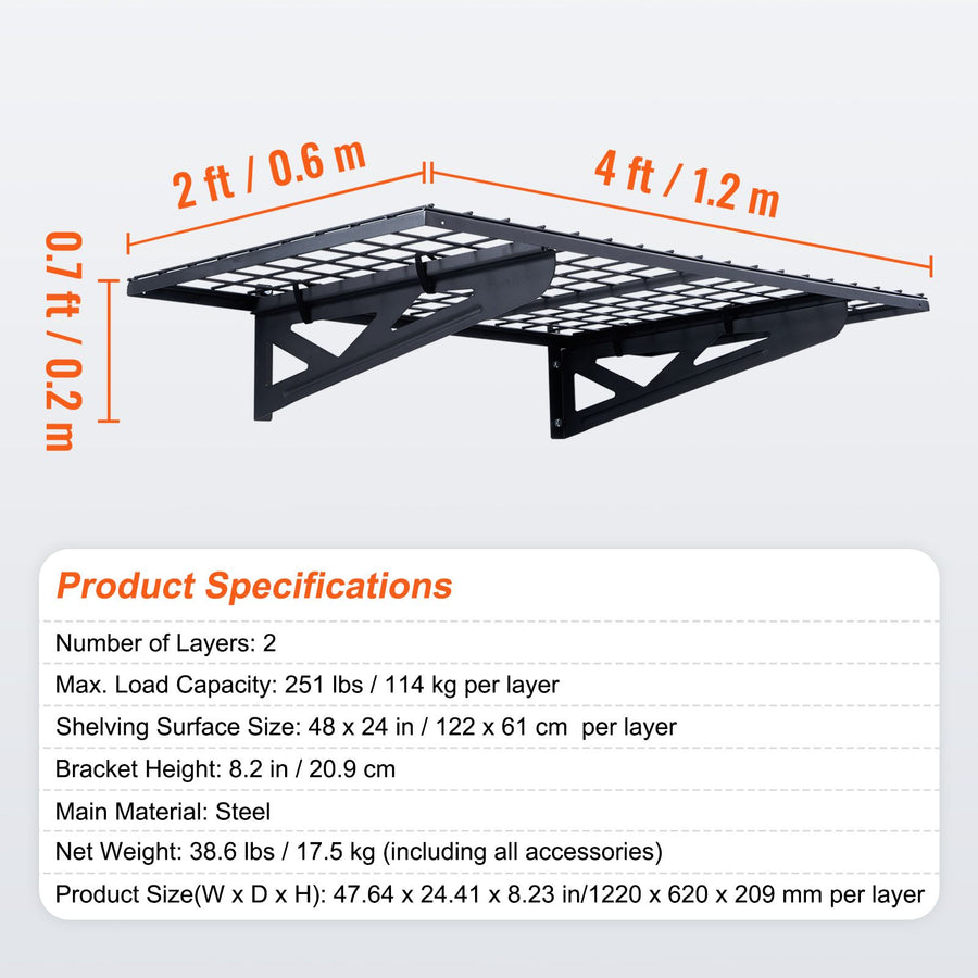 Garage Storage Shelving, 2 Pack, 122 x 61 cm Heavy Duty Garage Shelves Wall Mounted, 502 lbs Load Capacity(Total) Garage Storage Rack Floating Shelves, Suitable for Shop, Shed, Garage Storage
