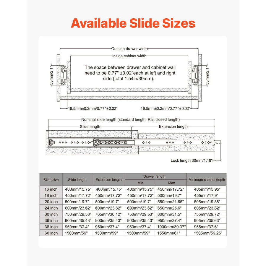 1 Pair Full Extension Drawer Slides 16 18 20 24 30 35 38 59 32 36 40 48 60 in, 250 lbs Load Capacity Locking Drawer Slides, Ball Bearing with Lock Side Mount Drawer Slide Rail