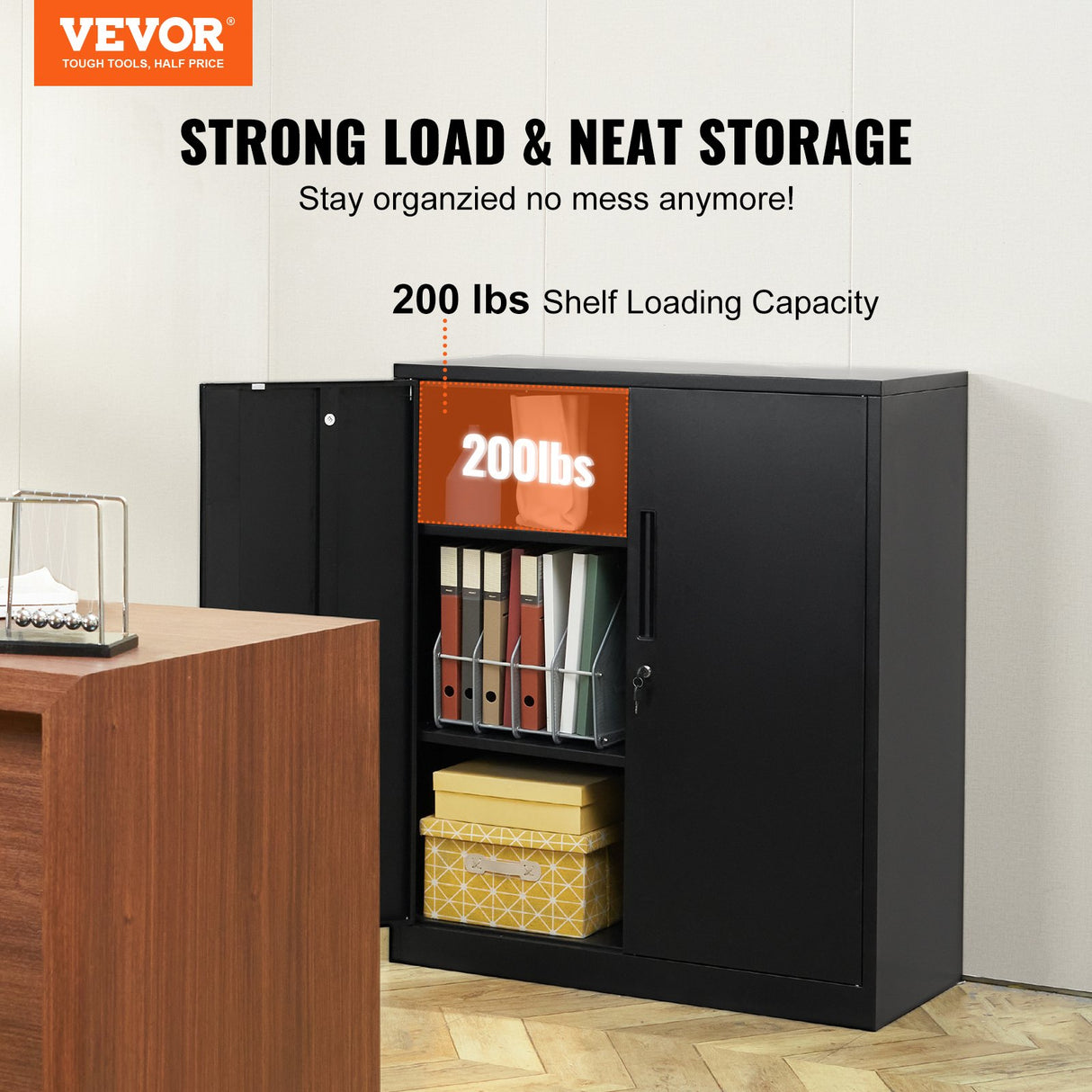 VEVOR Metal Storage Cabinet w/ 3 Keys 2 Adjustable Shelves & Magnetic Door Black