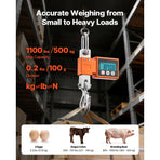 Digital Crane Scale, 1100 lbs/500 kg Max Capacity, Heavy Duty Industrial Hanging Scale with Cast Aluminum Case & LCD Display, 100 g Division & 3 Unit Switch, Auto-Off Setting for Garage