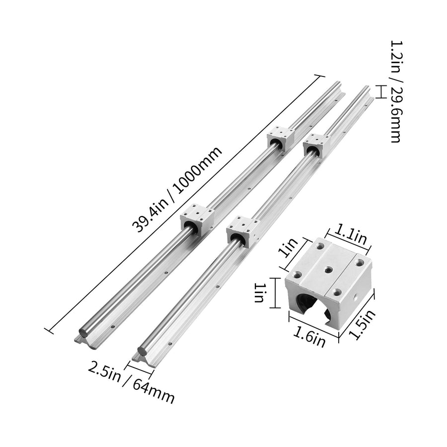 Linear Guide Rail Set, SBR12 1000mm, 2 PCS 39.4 in/1000 mm SBR12 Guide Rails and 4 PCS SBR12UU Slide Blocks, Linear Rails and Bearings Kit for Automated Machines DIY Project CNC Router Machines