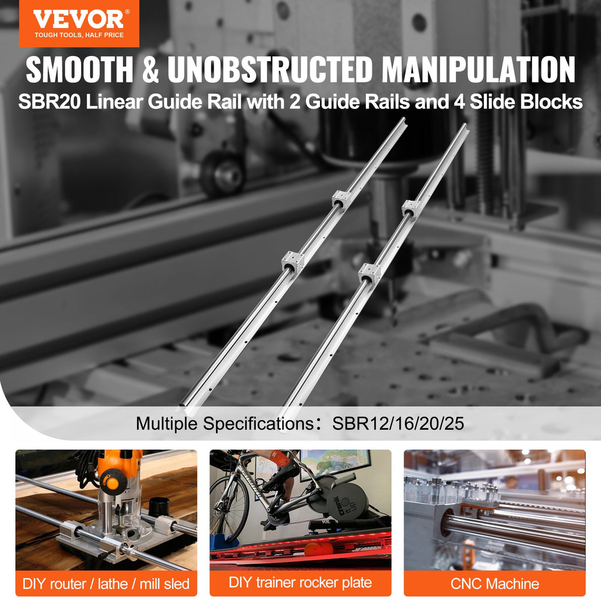 VEVOR Linear Guide Rail Set, SBR20 1500mm, 2 PCS 59 in/1500 mm SBR20 Guide Rails and 4 PCS SBR20UU Slide Blocks, Linear Rails and Bearings Kit for
