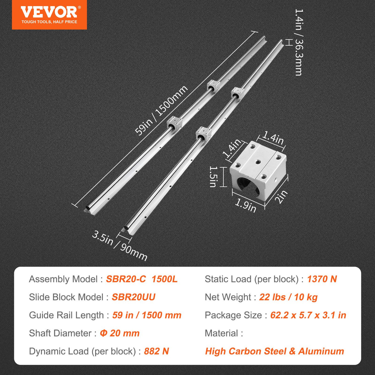 VEVOR Linear Guide Rail Set, SBR20 1500mm, 2 PCS 59 in/1500 mm SBR20 Guide Rails and 4 PCS SBR20UU Slide Blocks, Linear Rails and Bearings Kit for