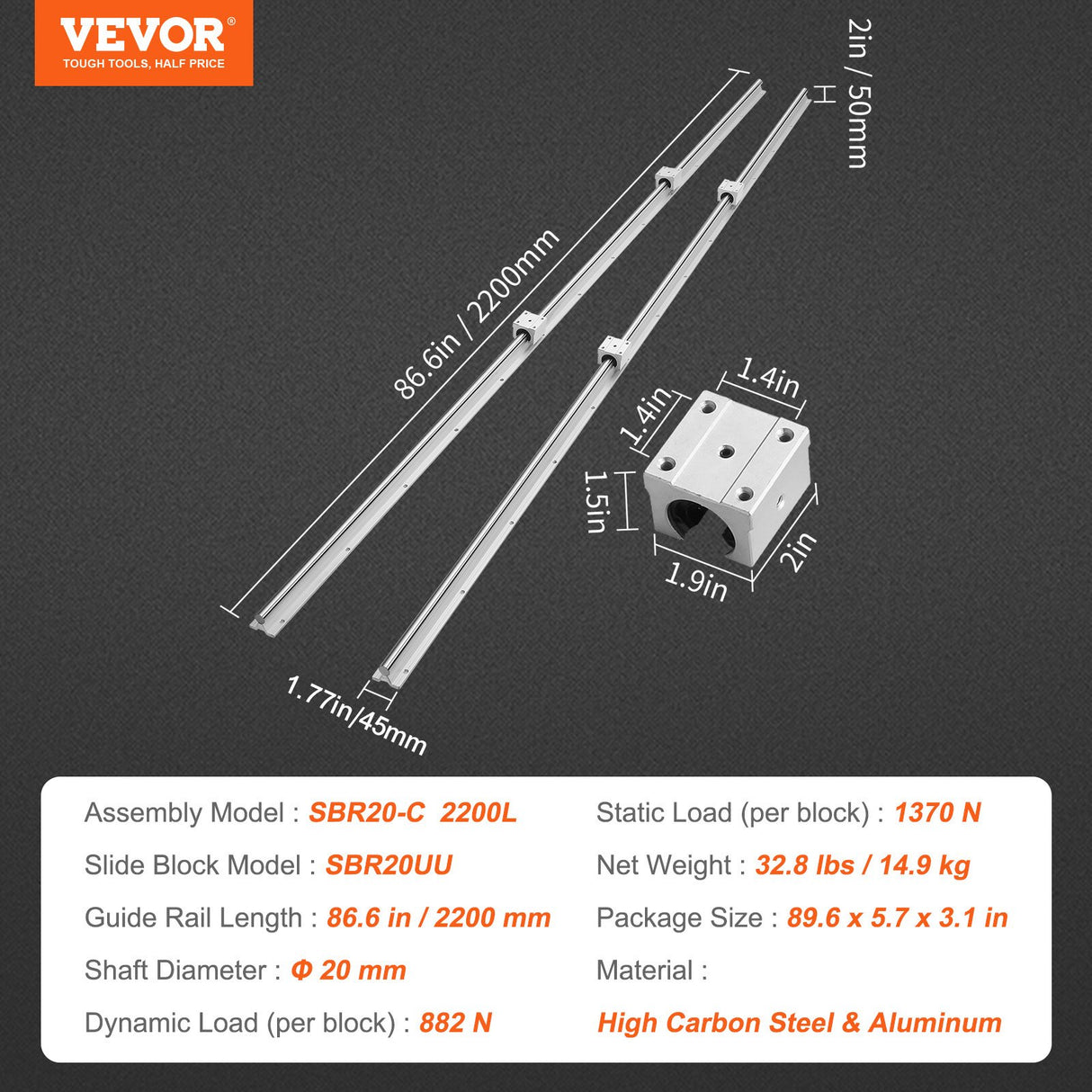 VEVOR Linear Guide Rail Set, SBR20 2200mm, 2 PCS 86.6 in/2200 mm SBR20 Guide Rails and 4 PCS SBR20UU Slide Blocks, Linear Rails and Bearings Kit for