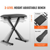VEVOR Piano Keyboard Stand and Bench Set, Z Style, Heavy-Duty Digital Piano Music Stand and Seat, 250 lbs Capacity with Adjustable Piano Bench Width Height Wheels, Fits for 54-88 Key Electric Pianos