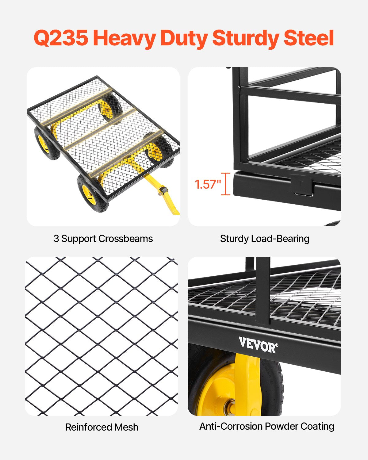 1400 Lbs Steel Garden Cart, Heavy Duty Pullable Garden Wagon Yard Cart, 2 in 1 Outdoor Metal Utility Wagon Yard Trailer with 13" All Terrain Tires, Mesh Removable Sides and 180°Rotating Handle