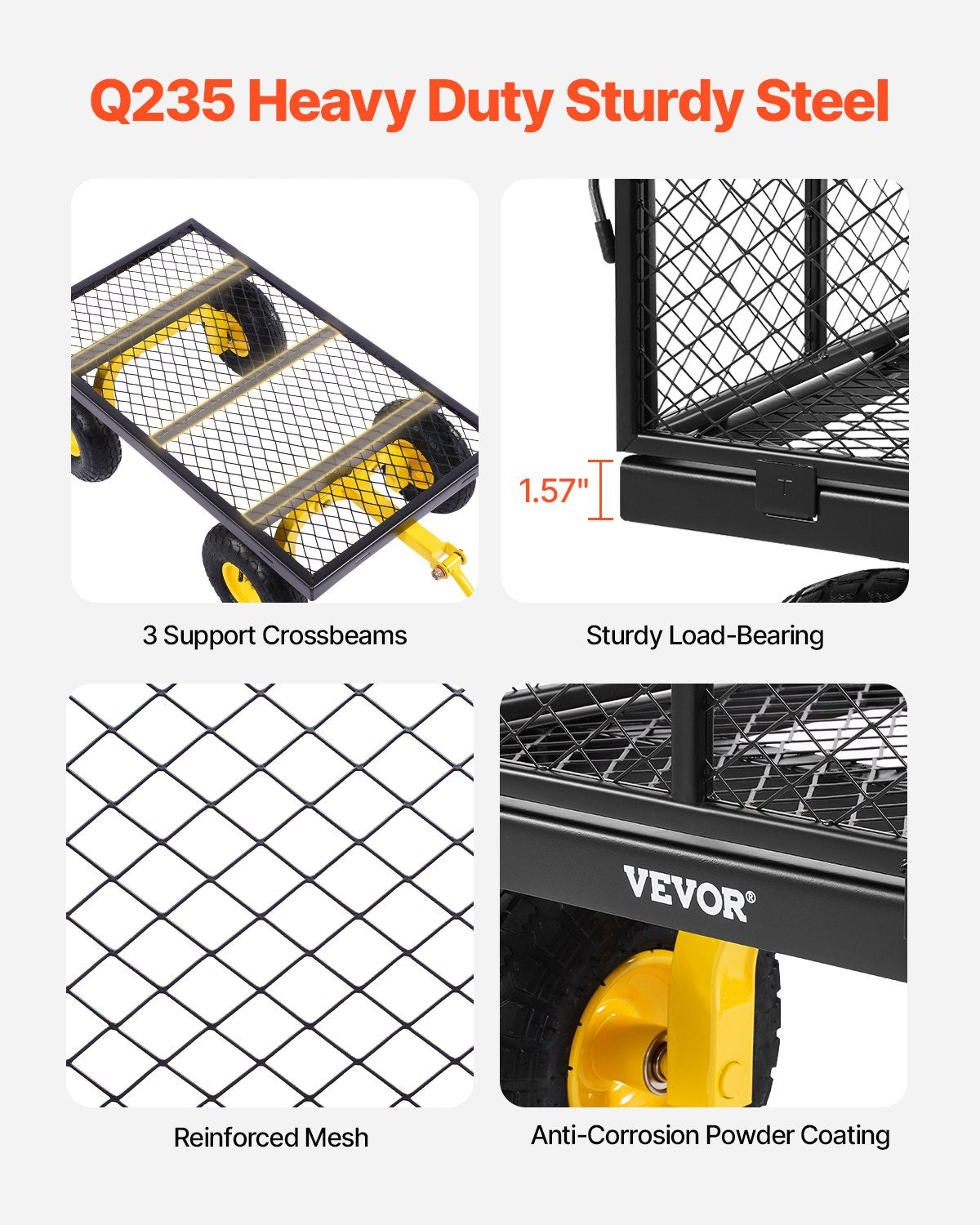 VEVOR 900 Lbs Heavy Duty Steel Garden Cart, Garden Wagon Cart on Wheels, Outdoor Metal Yard Utility Wagon Carts with 10" Tires and Mesh Removable Sides(Convert to Flatbed) and 180°Rotating Handle