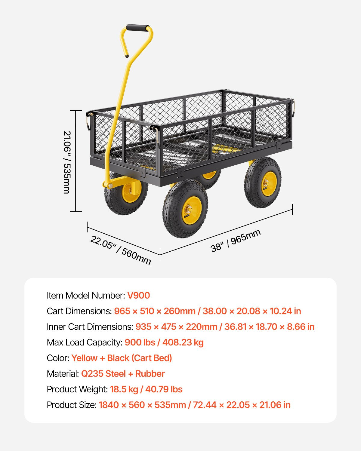 VEVOR 900 Lbs Heavy Duty Steel Garden Cart, Garden Wagon Cart on Wheels, Outdoor Metal Yard Utility Wagon Carts with 10" Tires and Mesh Removable Sides(Convert to Flatbed) and 180°Rotating Handle