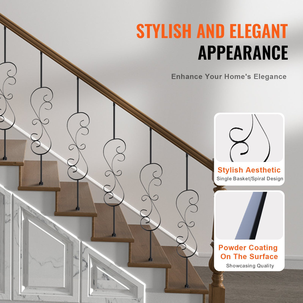 VEVOR Staircase Metal Balusters, 44'' x 1/2" Galvanized Steel Decorative Banister Spindles, 5 Pack S Shape Deck Baluster, Hollow Satin Black Spiral Stair Railing with Shoes & Screws