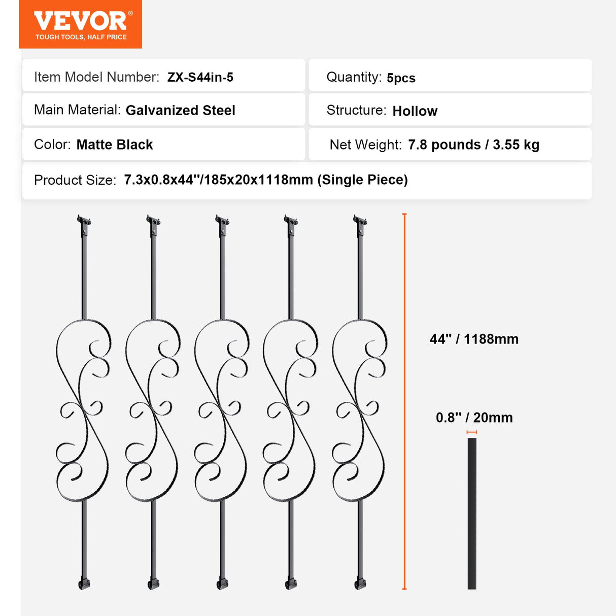VEVOR Staircase Metal Balusters, 44'' x 1/2" Galvanized Steel Decorative Banister Spindles, 5 Pack S Shape Deck Baluster, Hollow Satin Black Spiral Stair Railing with Shoes & Screws