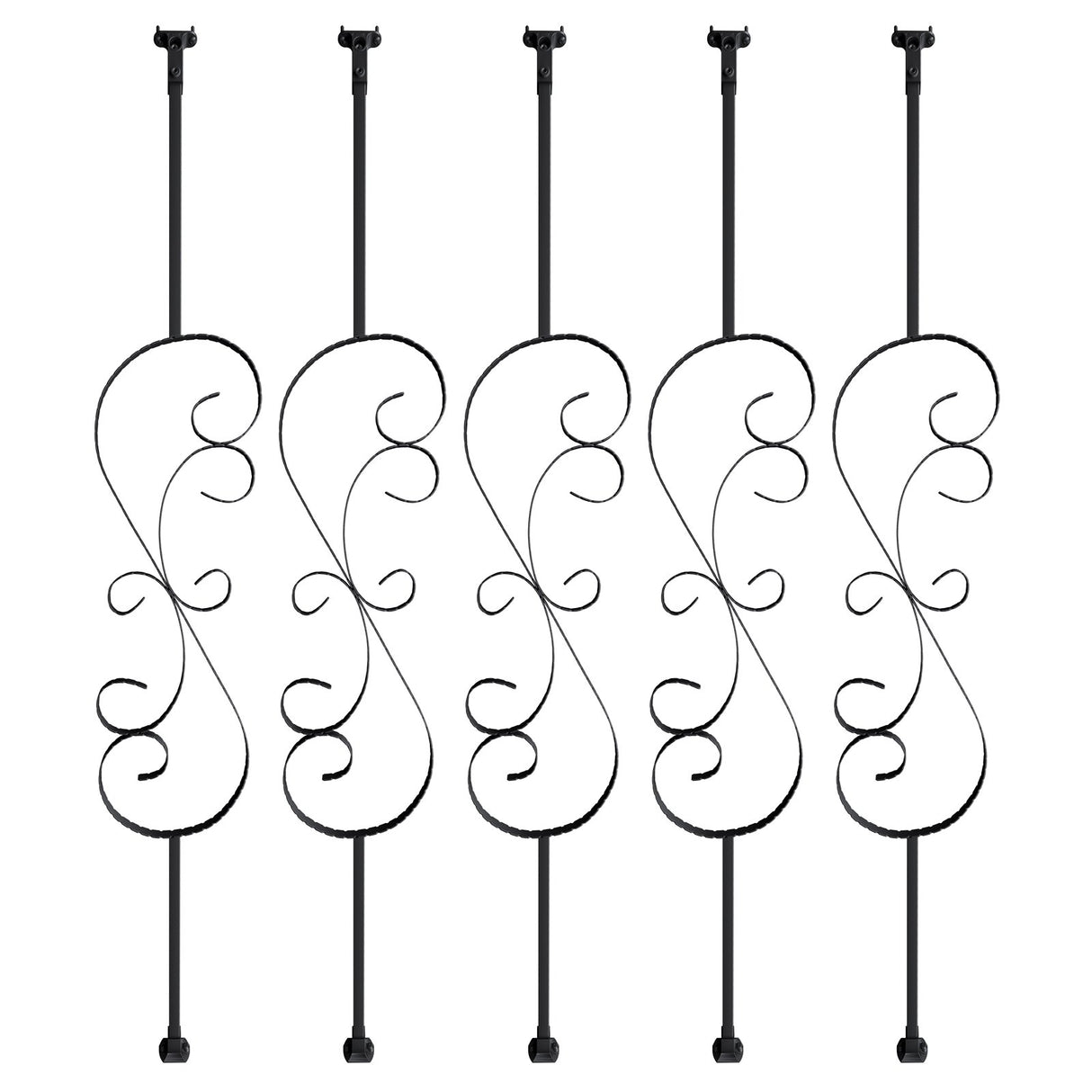 VEVOR Staircase Metal Balusters, 44'' x 1/2" Galvanized Steel Decorative Banister Spindles, 5 Pack S Shape Deck Baluster, Hollow Satin Black Spiral Stair Railing with Shoes & Screws