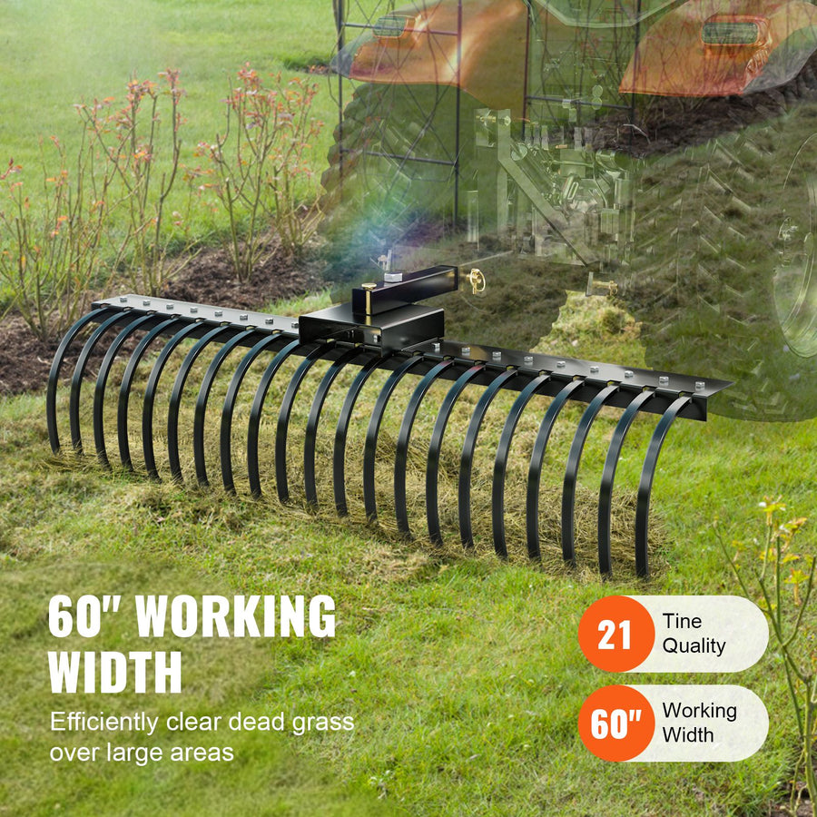 Tow Behind Landscape Rake, 1.5m Tow Dethatcher with 21 Steel Coil Tines, Lawn Dethatcher Rake Attaches to 1.2m or 15m Toolbars and 3-point Suspension Systems, for Leaves, Pine Needles, and Grass