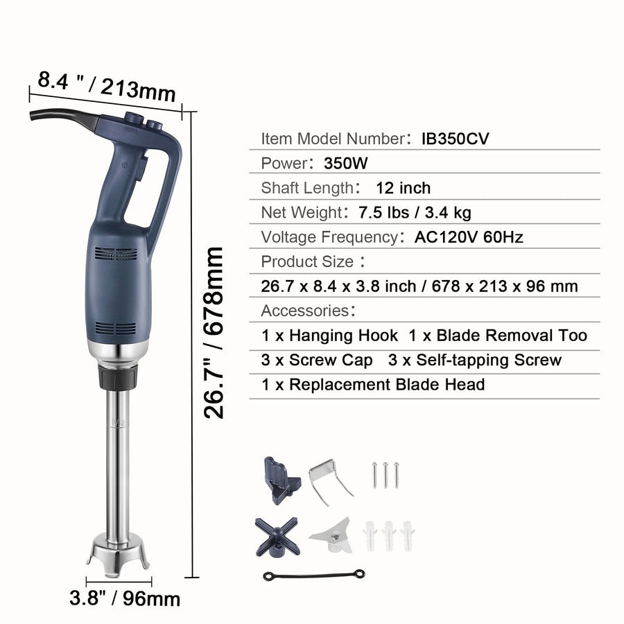 Commercial Immersion Blender, 350W Heavy Duty Hand Mixer, 12 inch Stepless Variable Speed Mixer with Stainless Steel Blade, Multi-Purpose Portable Mixer for Soup, Sauces, Mashed Potatoes, Cream
