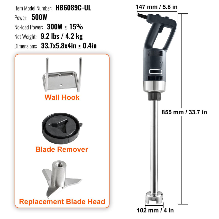 Professional Stick Blender, 500W Powerful Handheld Mixer, Adjustable Speed with Stainless Steel Blade, Versatile Hand Mixer for Soups, Smoothies, Purees, and Baby Food