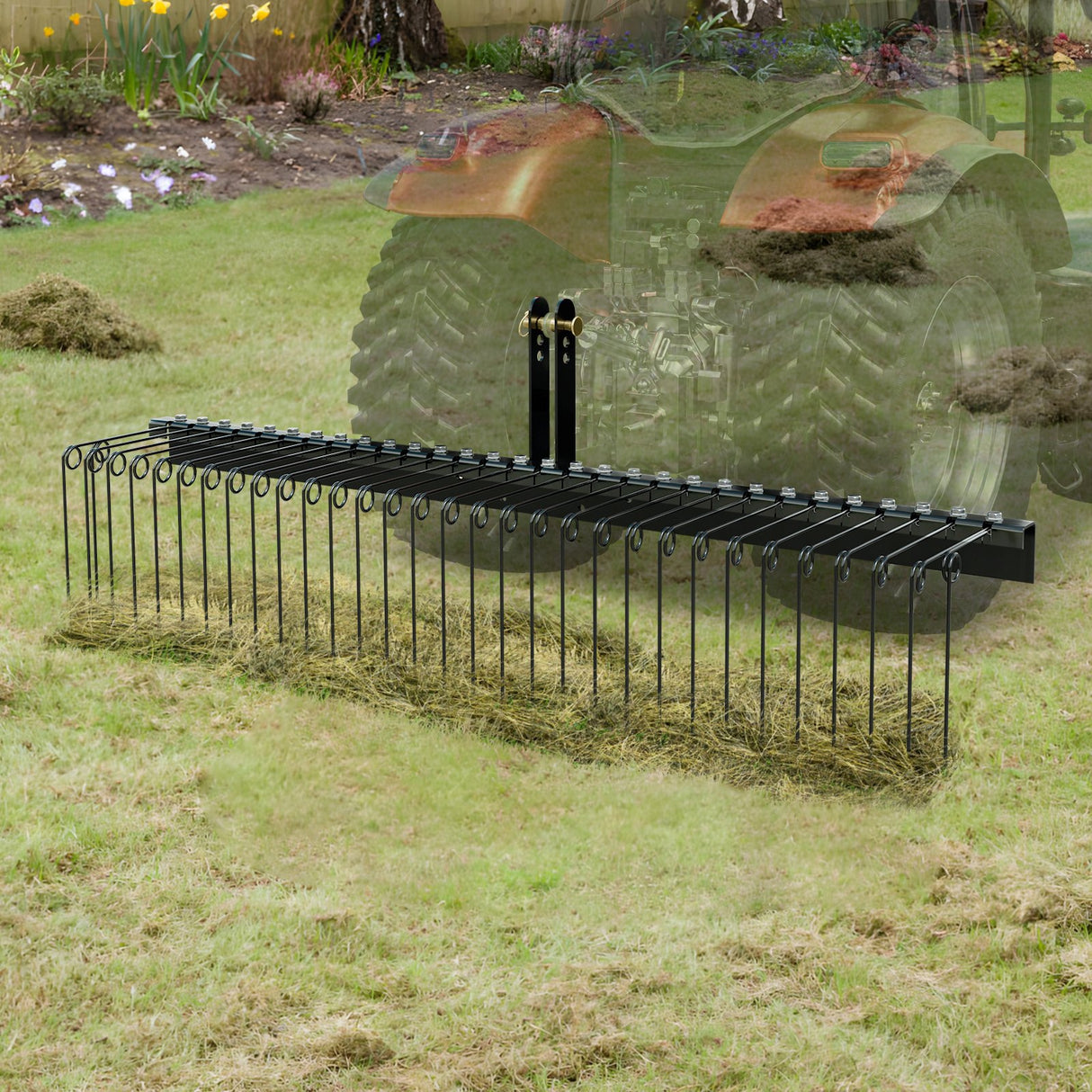 VEVOR Tow Behind Landscape Rake, 1.8m Tow Dethatcher with 32 Steel Tines, Lawn Dethatcher Rake Attaches to Category 1, 3 Point Hitch for Tractor, for Leaves, Pine Needles, Straw, and Grass