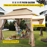 VEVOR Outdoor Canopy Gazebo Tent, Portable Canopy Shelter with 11\'x11\' Large Shade Space for Party, Backyard, Patio Lawn and Garden, 4 Sandbags, Carrying Bag and Netting Included, Brown - Front View